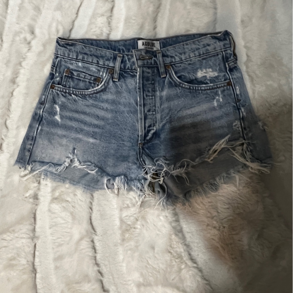 Agolde Light Blue Frayed Jean Shorts